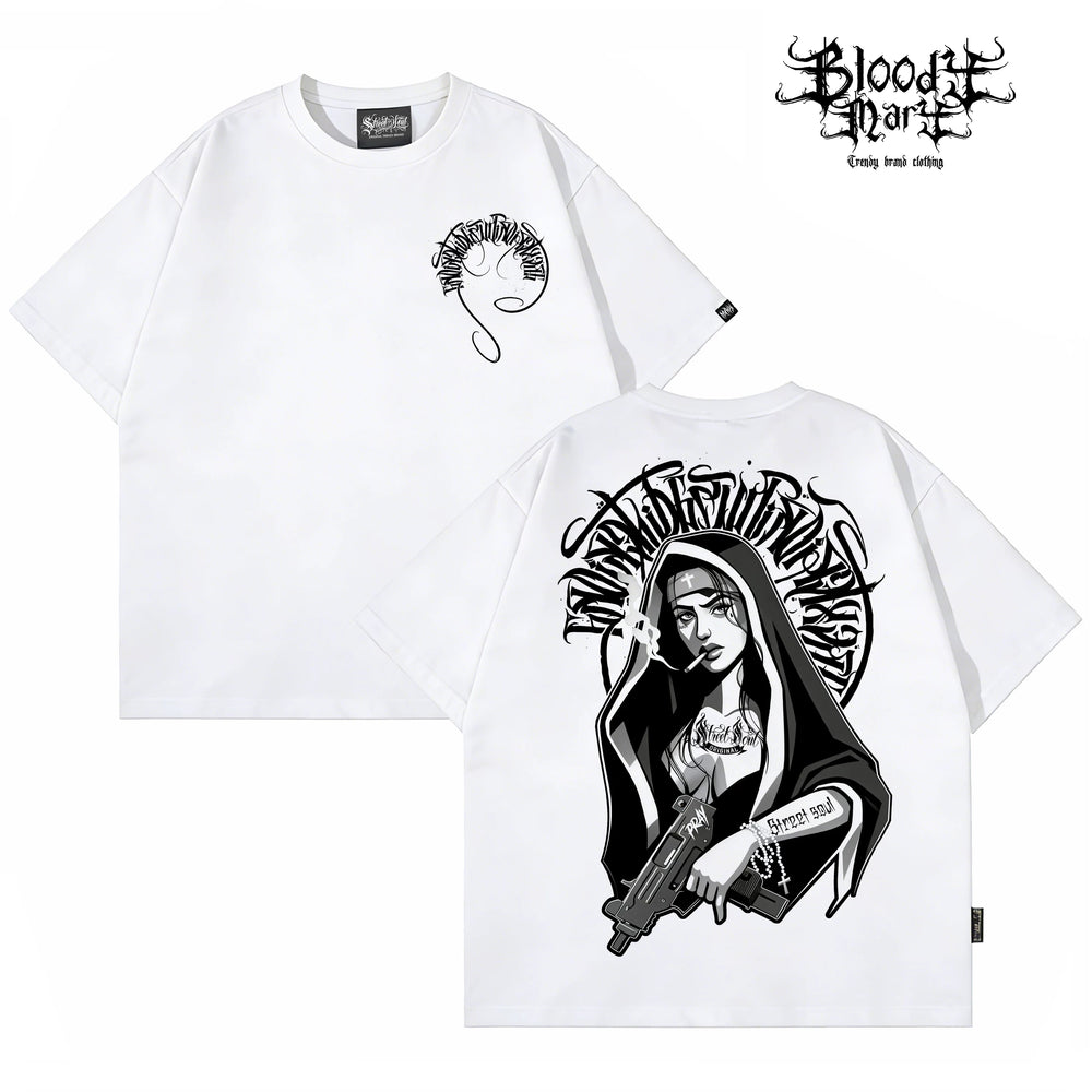 Trendy American Hip Hop Flower Font Black Short Sleeve T-shirt Loose Cotton Heavy Print Top Street West Coast