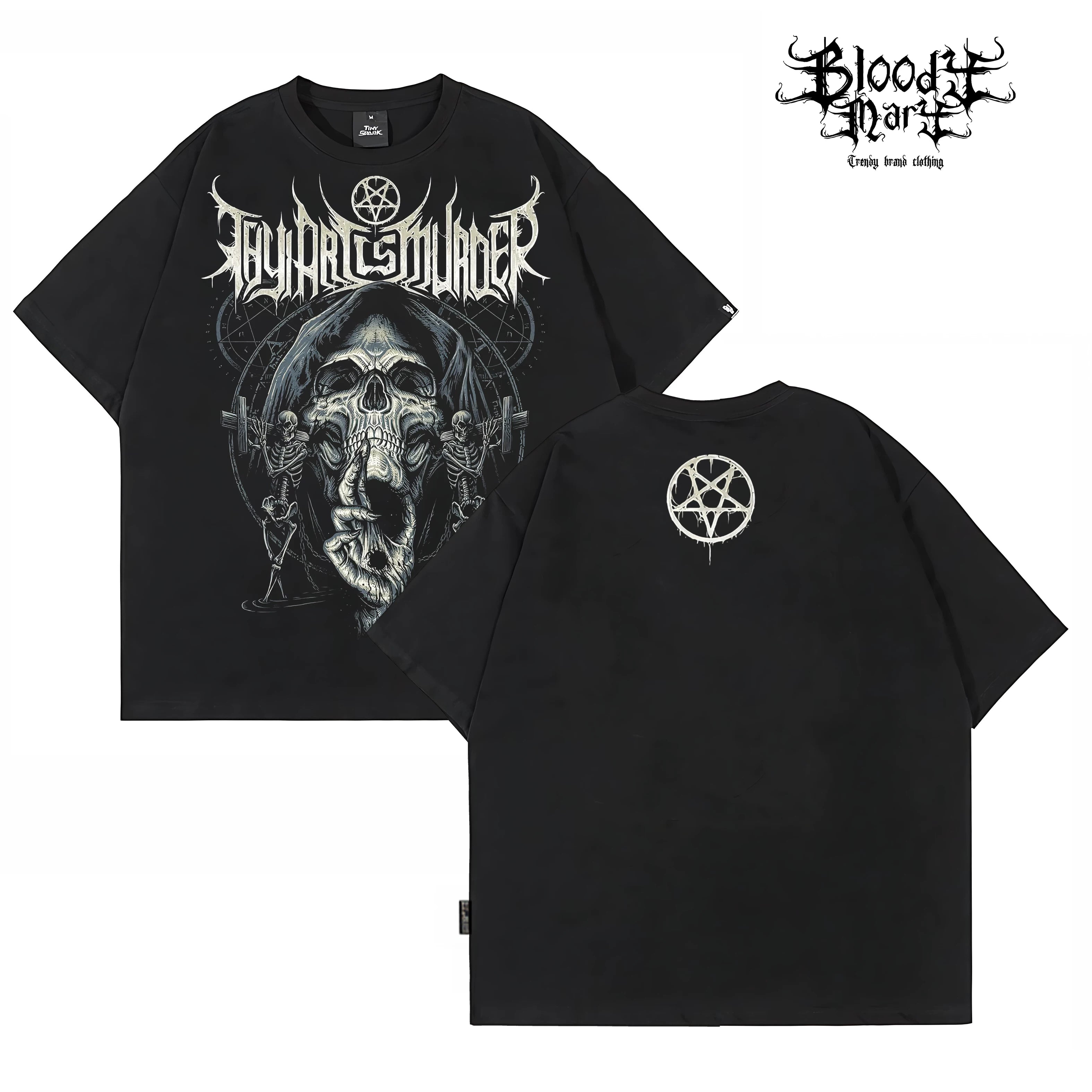 Original trendy retro rock style skull print short sleeved T-shirt black rock band top unisex