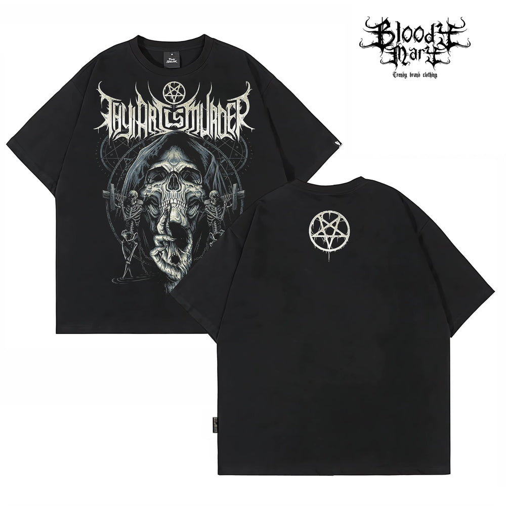 Original trendy retro rock style skull print short sleeved T-shirt black rock band top unisex