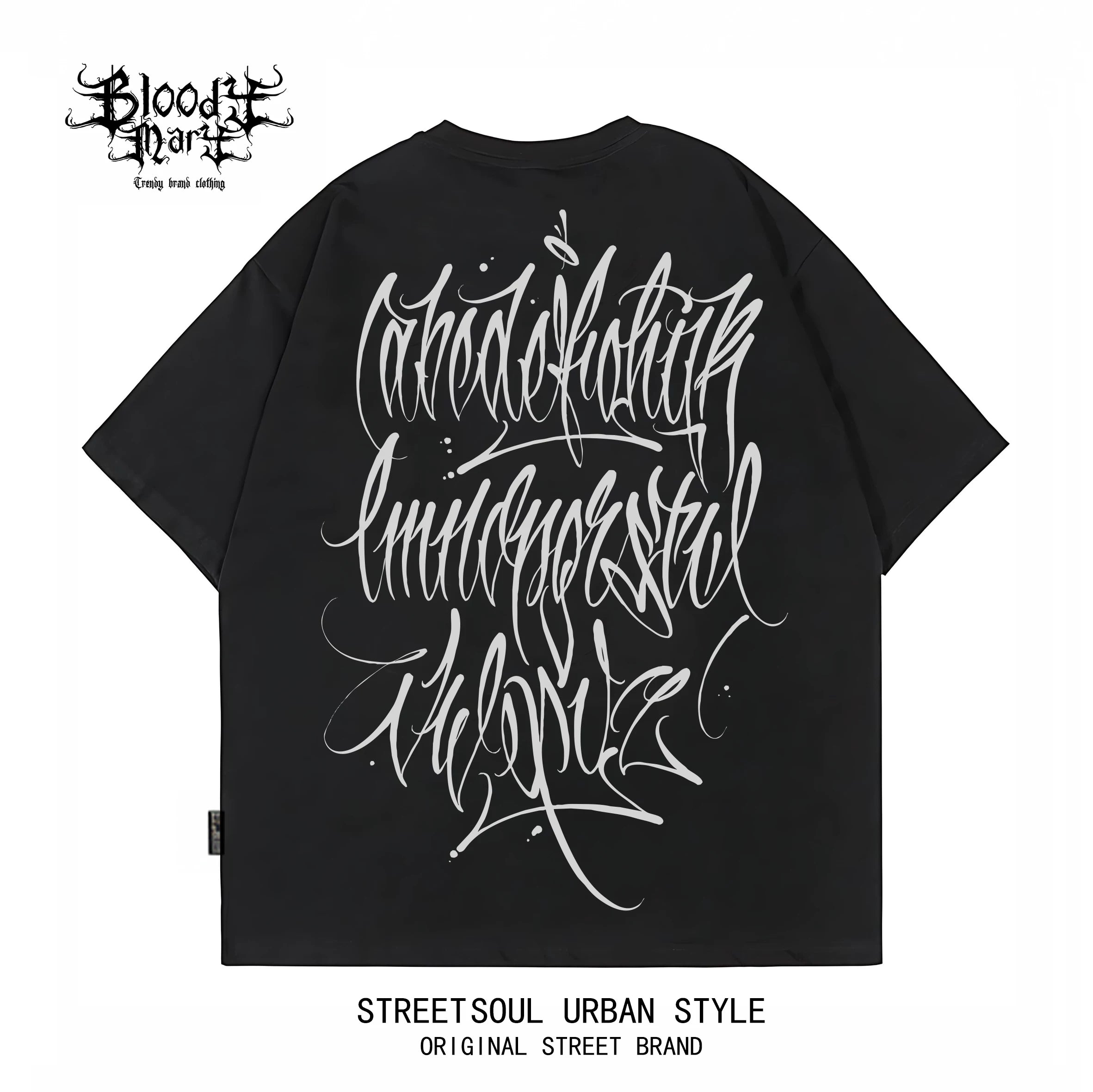 American Trendy Brand Flower Font West Coast Hip Hop Black Short sleeved T-shirt Loose Cotton Heavy duty Letter Printed Trendy Brand