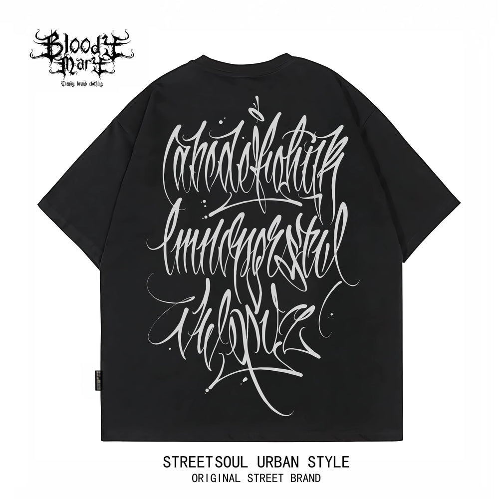 American Trendy Brand Flower Font West Coast Hip Hop Black Short sleeved T-shirt Loose Cotton Heavy duty Letter Printed Trendy Brand