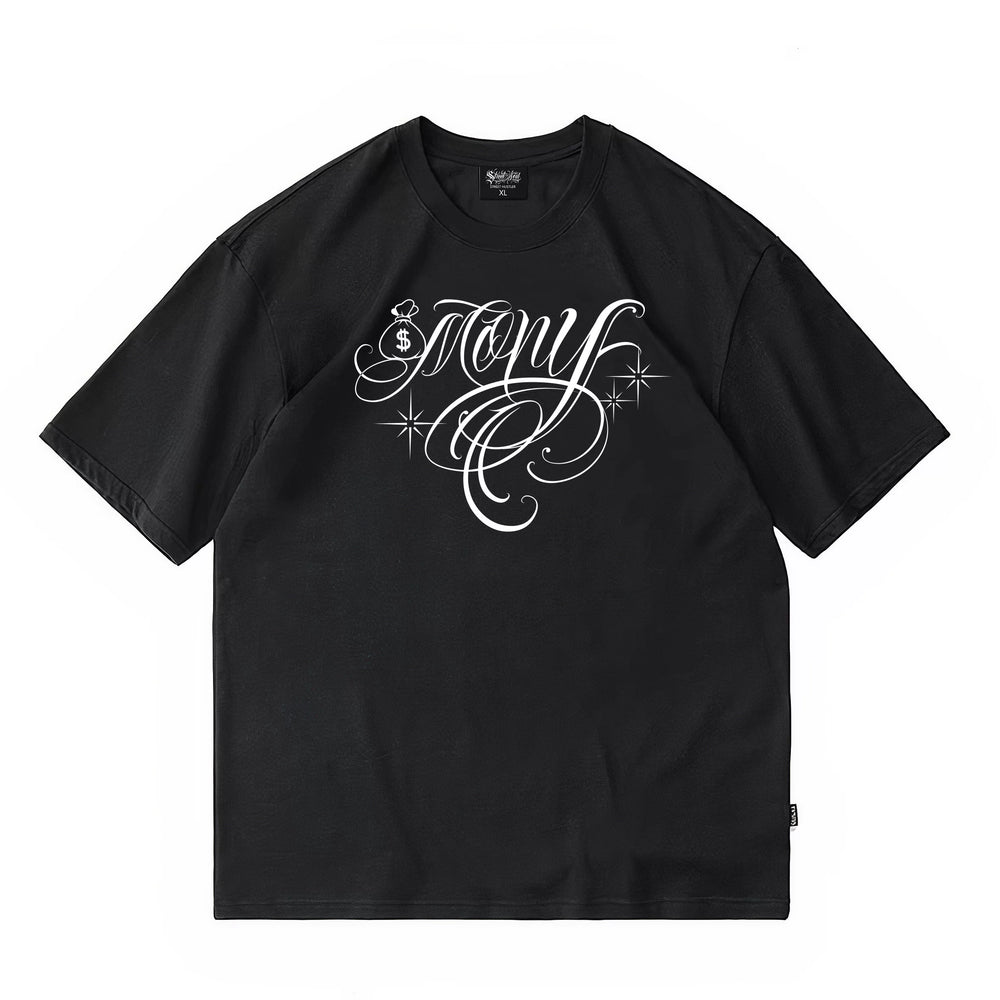 Floral font short sleeved T-shirt, American Chicano fashion brand, loose round neck, street dance, skateboarding, hip-hop tattoo artist design