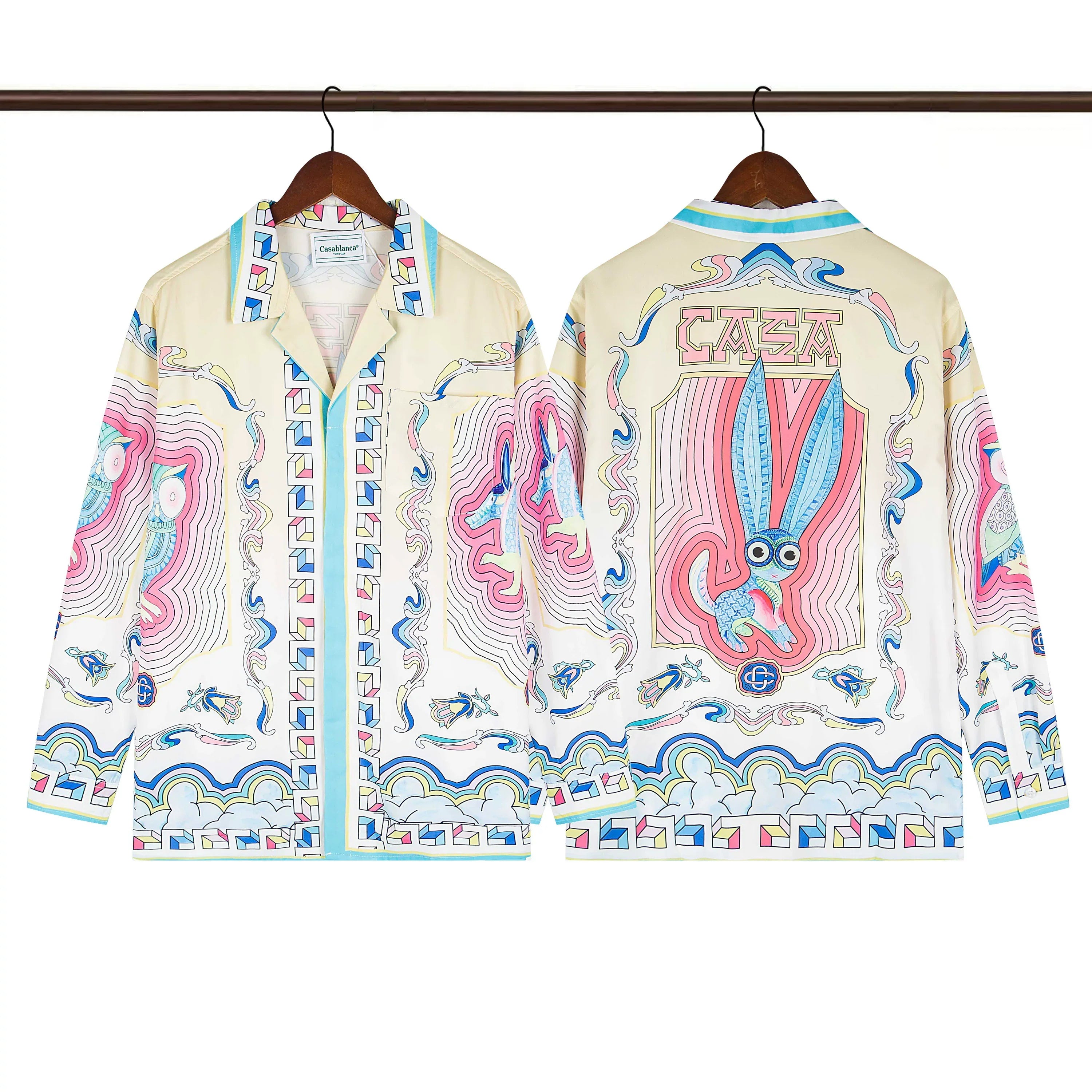 Casablanca Folkloric Rabbit & Baroque Silk-Style Shirt - Cream / Blue