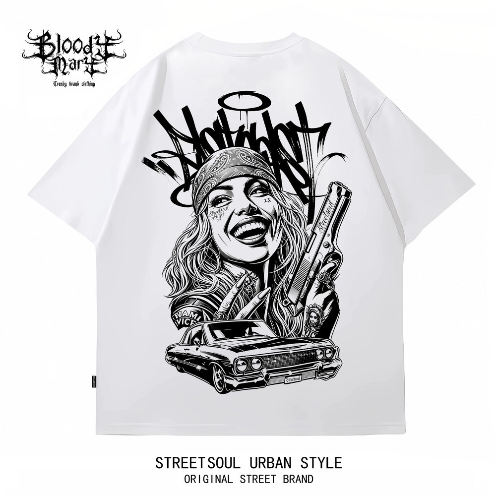 American street dark style printed short sleeved T-shirt for men and women loose couple outfit trendy high street style top