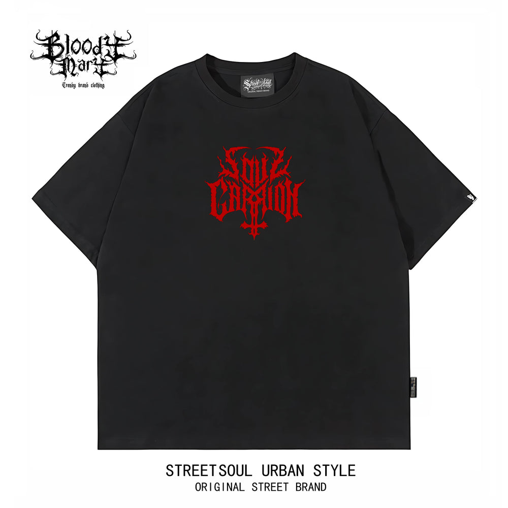 Dark style skull print short sleeved T-shirt for both men and women, loose street retro rock top