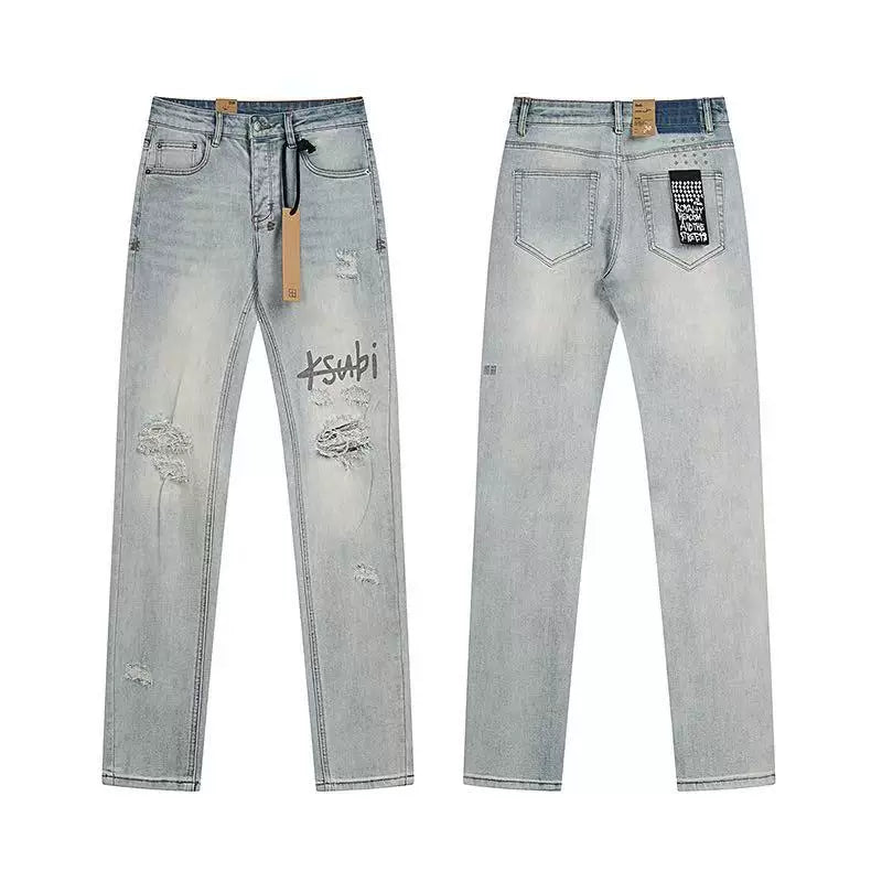 Ksubi Distressed Denim with Script Logo - Light Blue