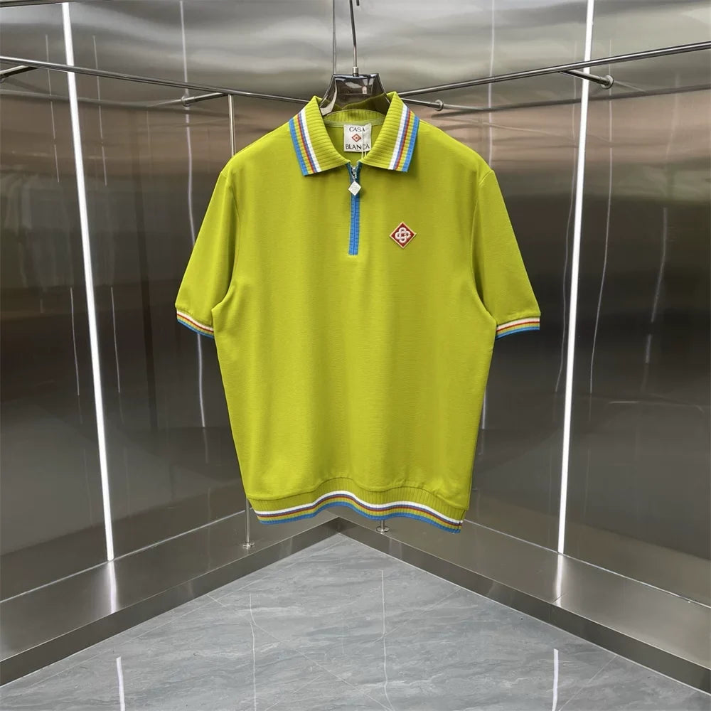 Casablanca Solid Knit Polo Shirt - Olive / Blue