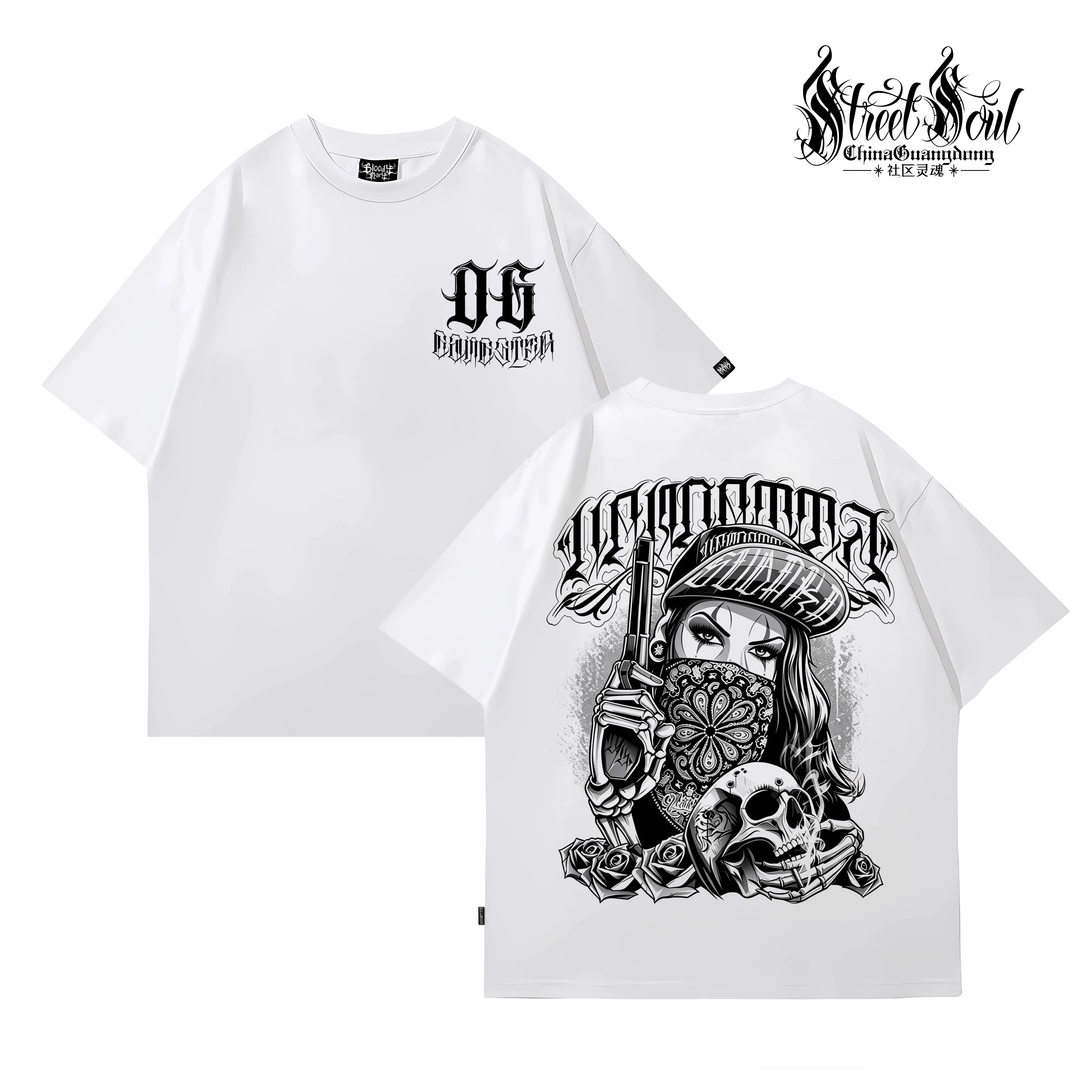 Trendy American West Coast Hip Hop Street Style Short Sleeve T-shirt for Men, Loose and Heavy Weight, Pure Cotton Skeleton, Pure Cotton Tattoo Artist