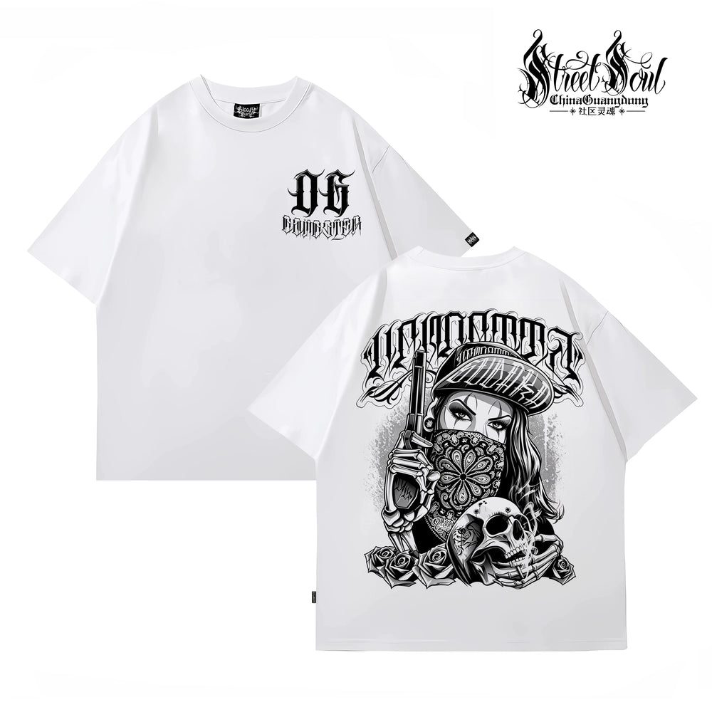 Trendy American West Coast Hip Hop Street Style Short Sleeve T-shirt for Men, Loose and Heavy Weight, Pure Cotton Skeleton, Pure Cotton Tattoo Artist