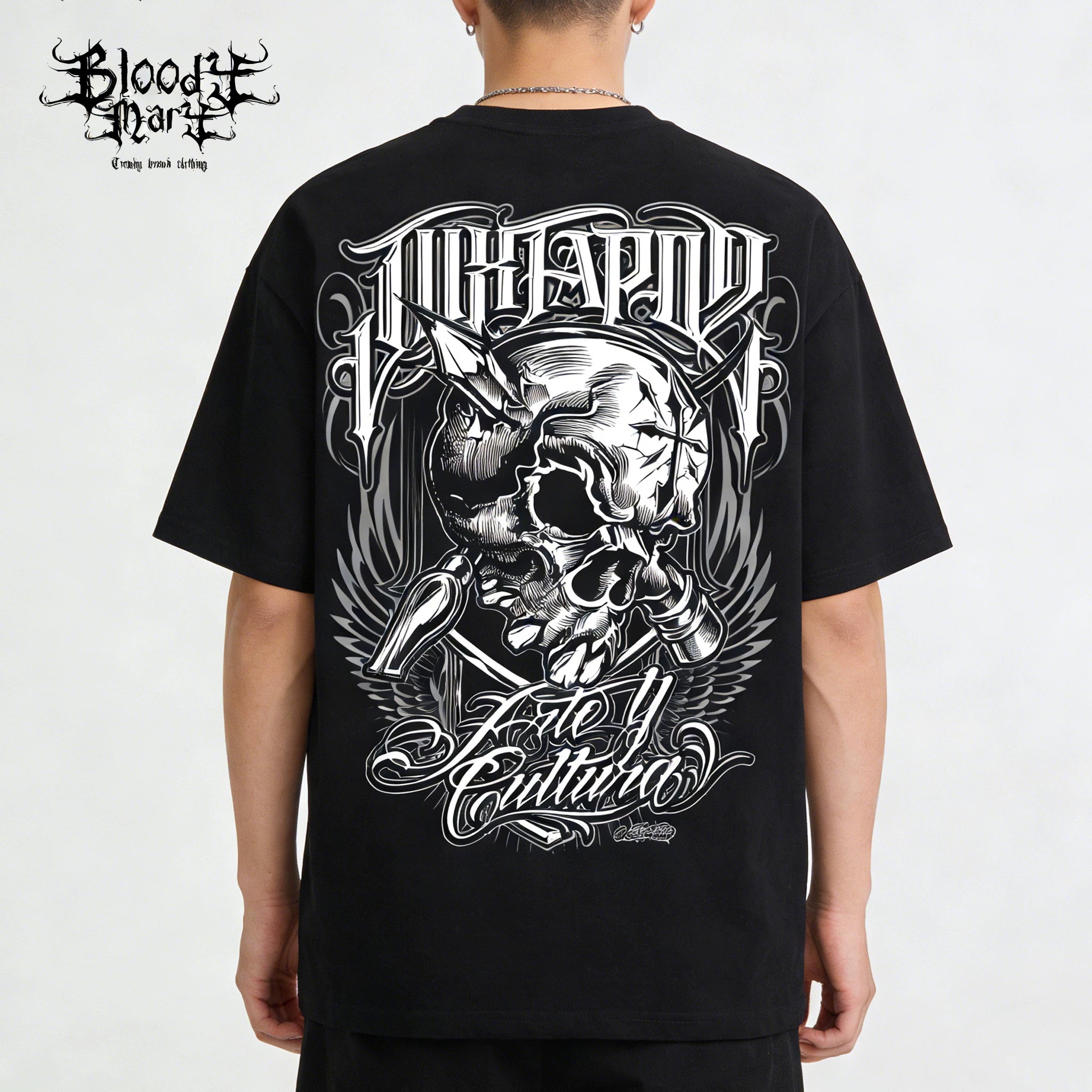 Trendy American street flower font short sleeved loose cotton heavyweight niche hip-hop tattoo artist skeleton T-shirt