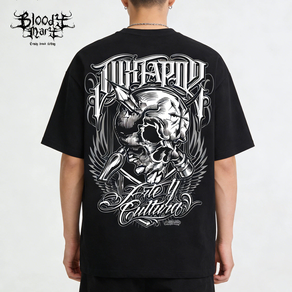 Trendy American street flower font short sleeved loose cotton heavyweight niche hip-hop tattoo artist skeleton T-shirt