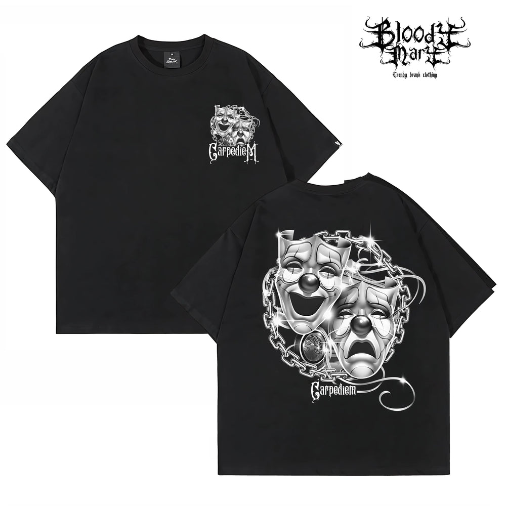 Trendy American Street Chicano Flower Font Short Sleeve Loose Cotton Heavy Weight Clown Hip Hop Tattoo Artist T-shirt Crowd